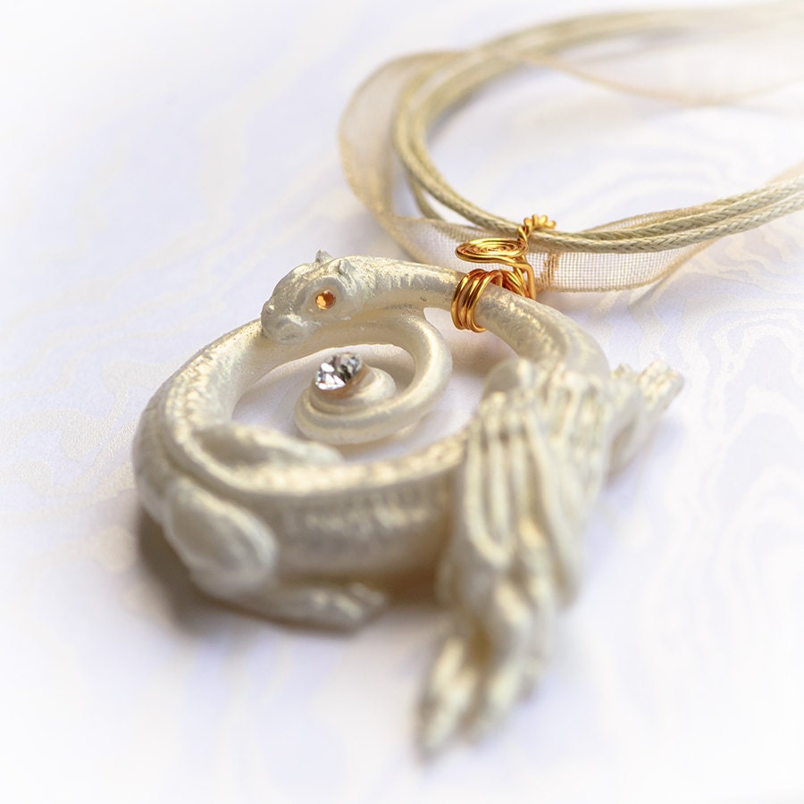 Aithusa Dragon Pendant White Gold coloured handmade resin sculpture of ...