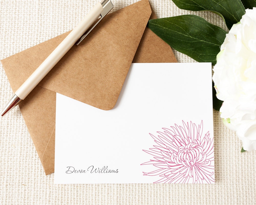 Personalized Notecard Set - Chrysanthemum Flower - Set of 12 Flat Personalized Stationery / Stationary Cards - Choose your color