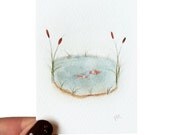 Koi Pond ACEO Watercolor Painting Print Giclee Archival Fine Art Fish Nature Wildlife Cattail Rainy Water 2 1/2 x 3 1/2