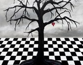 Black Tree Print Giclee Archival Fine Art Acrylic Red Hanging Heart In Water Hole Grey Gray Sky Stormy Skies Checkerboard Ground Surreal