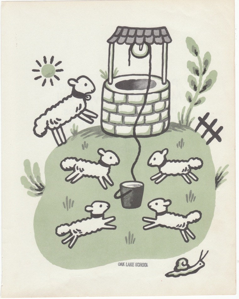 Vintage spring print Sheep and four lambs 1950s childrens book Jeanne Marie Counts Her Sheep by Francoise springtime decor nursery wall art
