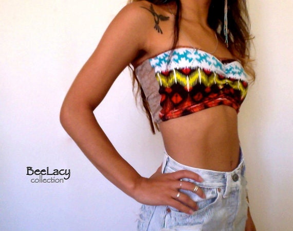 TRIBAL Print  (front) & Lace (back) Stretch Bandeau -one of a kind, very unique. Two size options: S/M or M/L