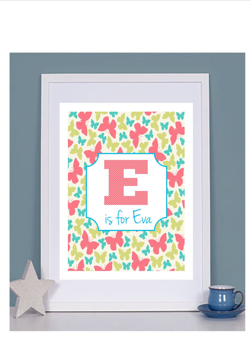 Children's personalized Name Art Print- Nursery Art- Personalized Print- Initial Print-Butterflies- pink-Blue