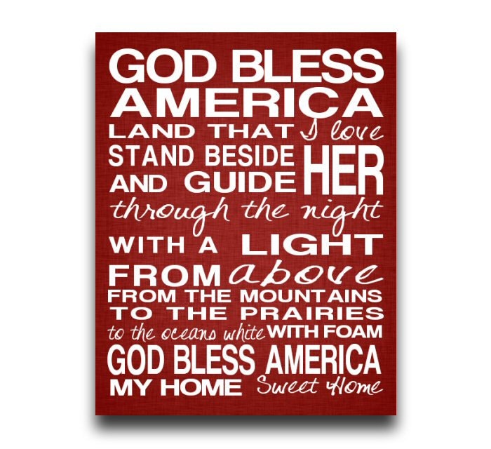 God Bless America Print Song Lyrics Subway Art Typography Blue Red Rustic Distressed 4th of July 8x10