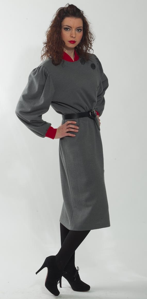 1980's Maxi Tent Dress - Vintage Cocoon Gray Red Loose Fit Wool Cotton Knit Mandarin Tent Preppy Drop Waist Dress Size Medium Large M L