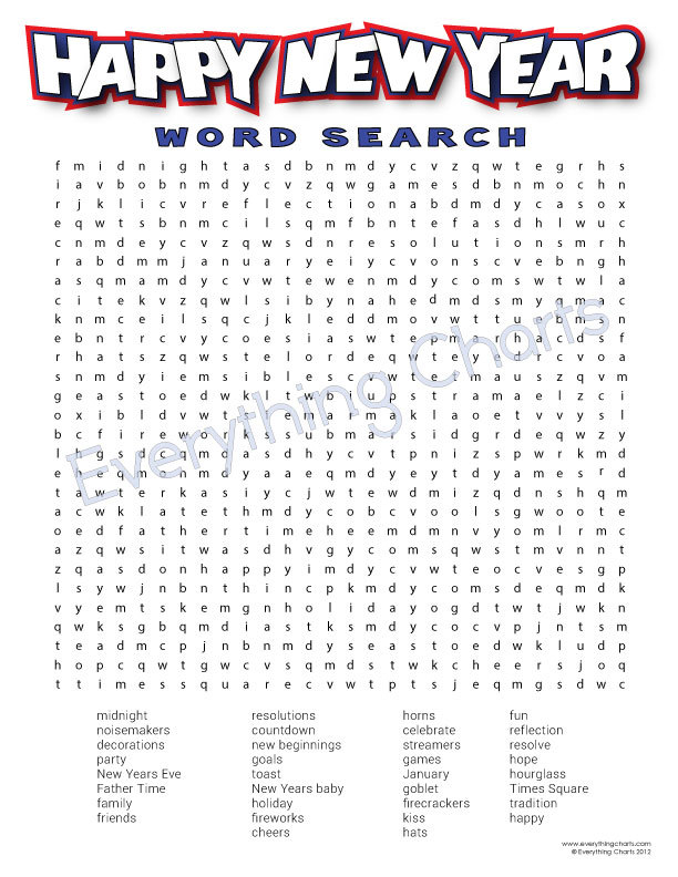 New Year's Wordsearch PDF File/Printable by EverythingCharts