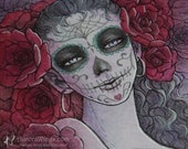 Free Shipping - Original ACEO - Catrina - Mixed Media Dia de Los Muertos Skull Paint Face Illustration - by Mitzi Sato-Wiuff