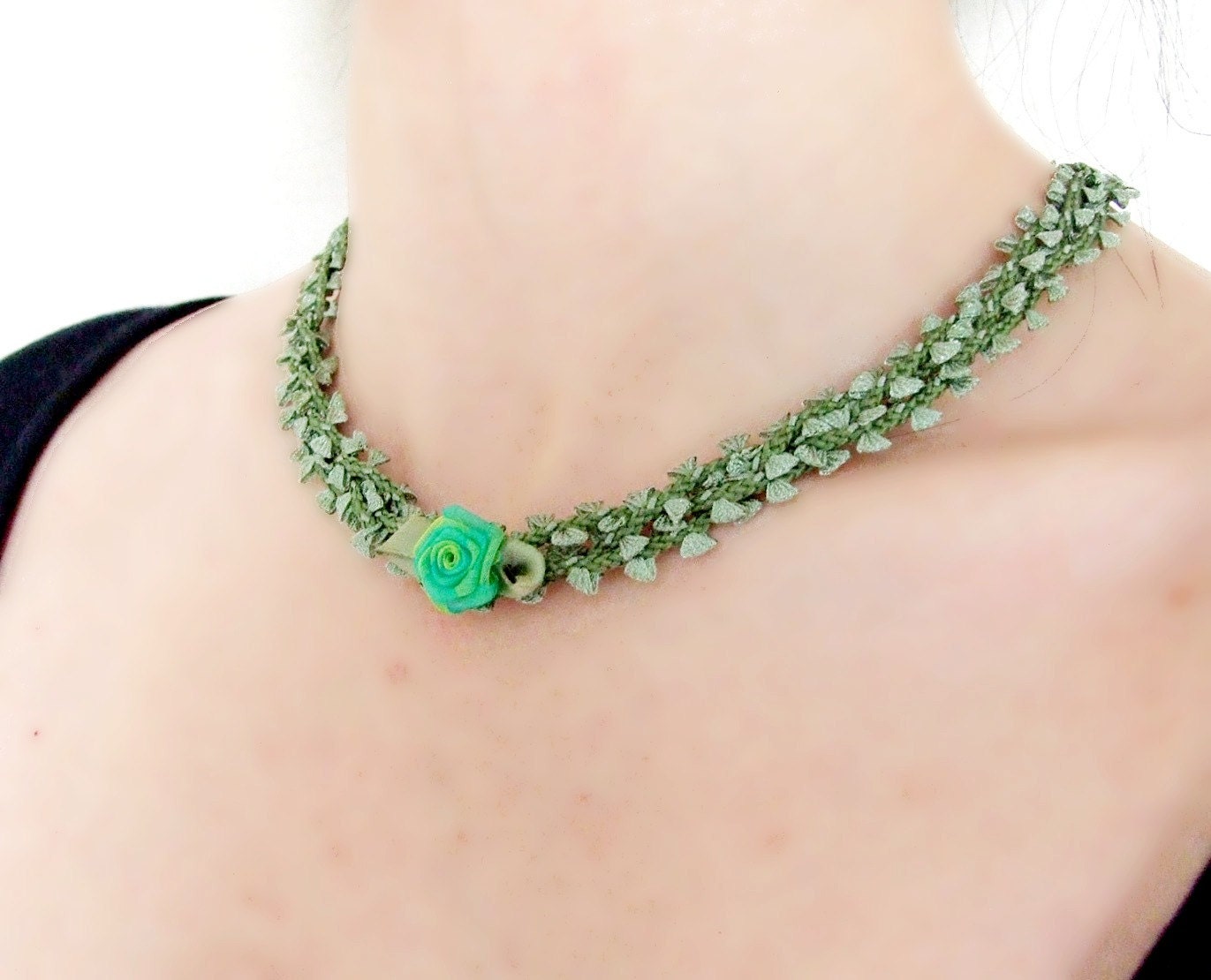 SALE green leaves lace necklace rose charm beaded vintage victorian plaited  handmade Fabric art jewelry womans gift