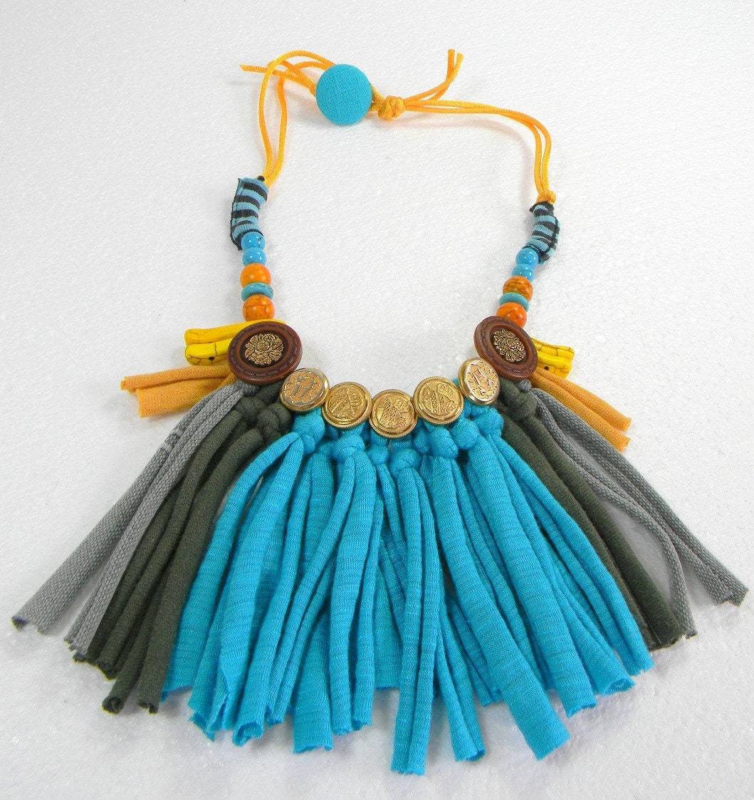 Button Jewelry  Fabric necklace Recycled Jewelry Turquoise necklace