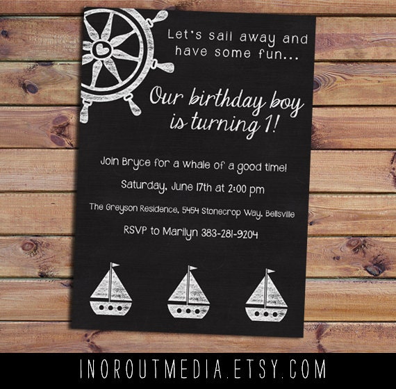 Nautical Chalkboard Birthday invitation - birthday invitations, first birthday card nautical card 5x7, sailboats, ships wheel