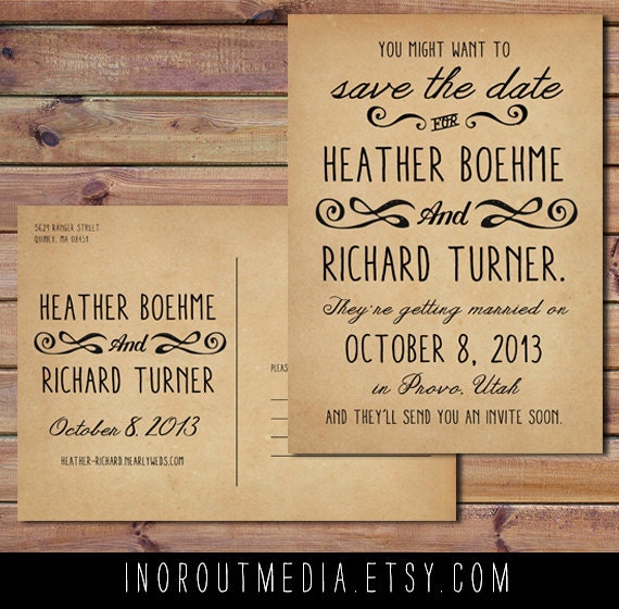Rustic Wedding Save the Date Card - Vintage, Casual, Country wedding, flourish, postcard back and casual wording