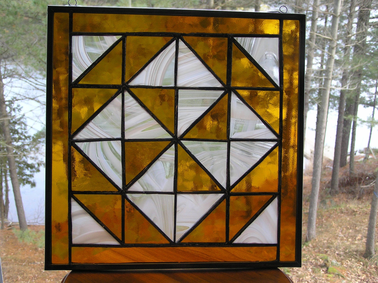 Stained Glass Panel, Sun Catcher, Transparent Golden Yellow and Streaked Cream Coloured Glass, 12" X 12" Panel, "Mosaic 2" Quilt Pattern.