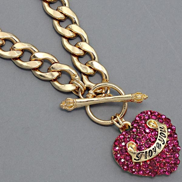 For Valentine's Day, New Chunky Chain Big Puff PAVE CRYSTALS Heart Celebrity Inspired Designer 3D Front  "I Love You" Toggle Necklace