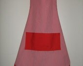 Women's Red and White Retro Kitchen Apron with Ruffles and Pocket - Free Shipping
