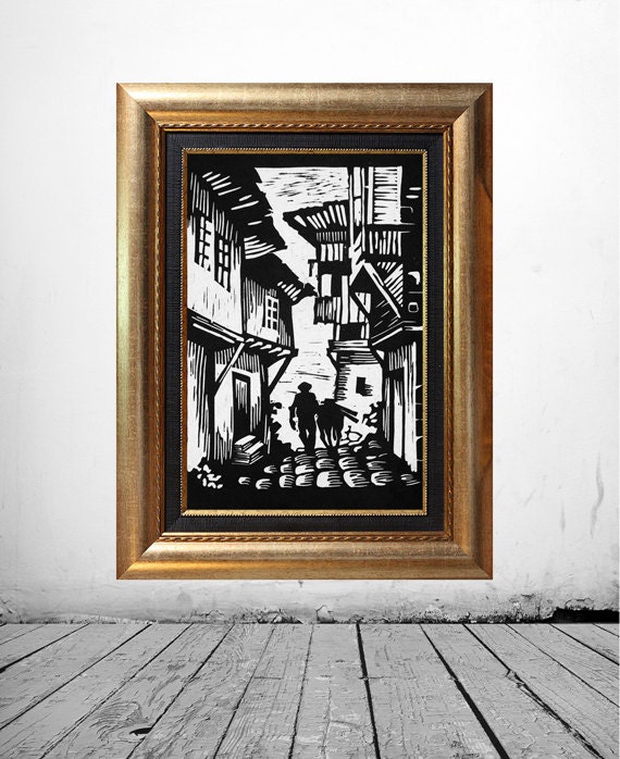 Original Illustration, Cityscape Painting, Black and White Ink Pen Drawing, Fine Art Print, Art Poster, Giclee Art by Atiartstudio