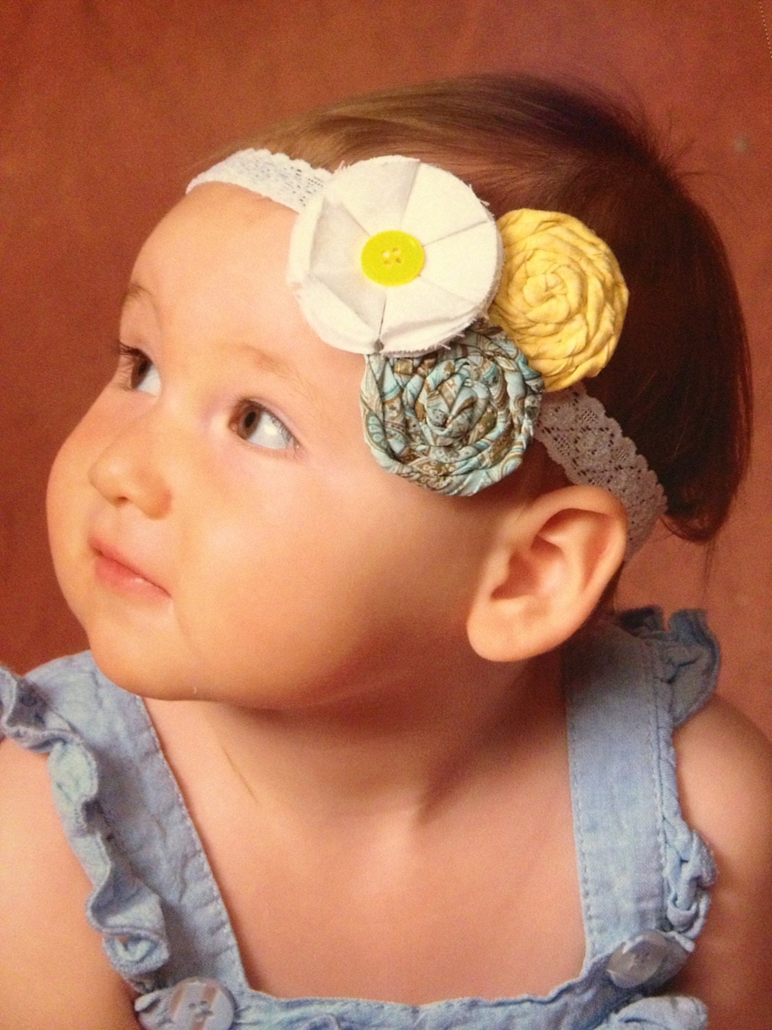 Girls Shabby Chic Baby Headband with Aqua Yellow White Rolled Flowers by Santeen Creations
