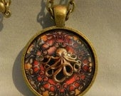 Steampunk Octopus Pendant Necklace 1" Glass Dome Cover Jewelry Round Circle - Plated Silver or Brass or Copper or Black