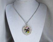 Monarch Butterfly Pendant Necklace with Silver Lace Backing