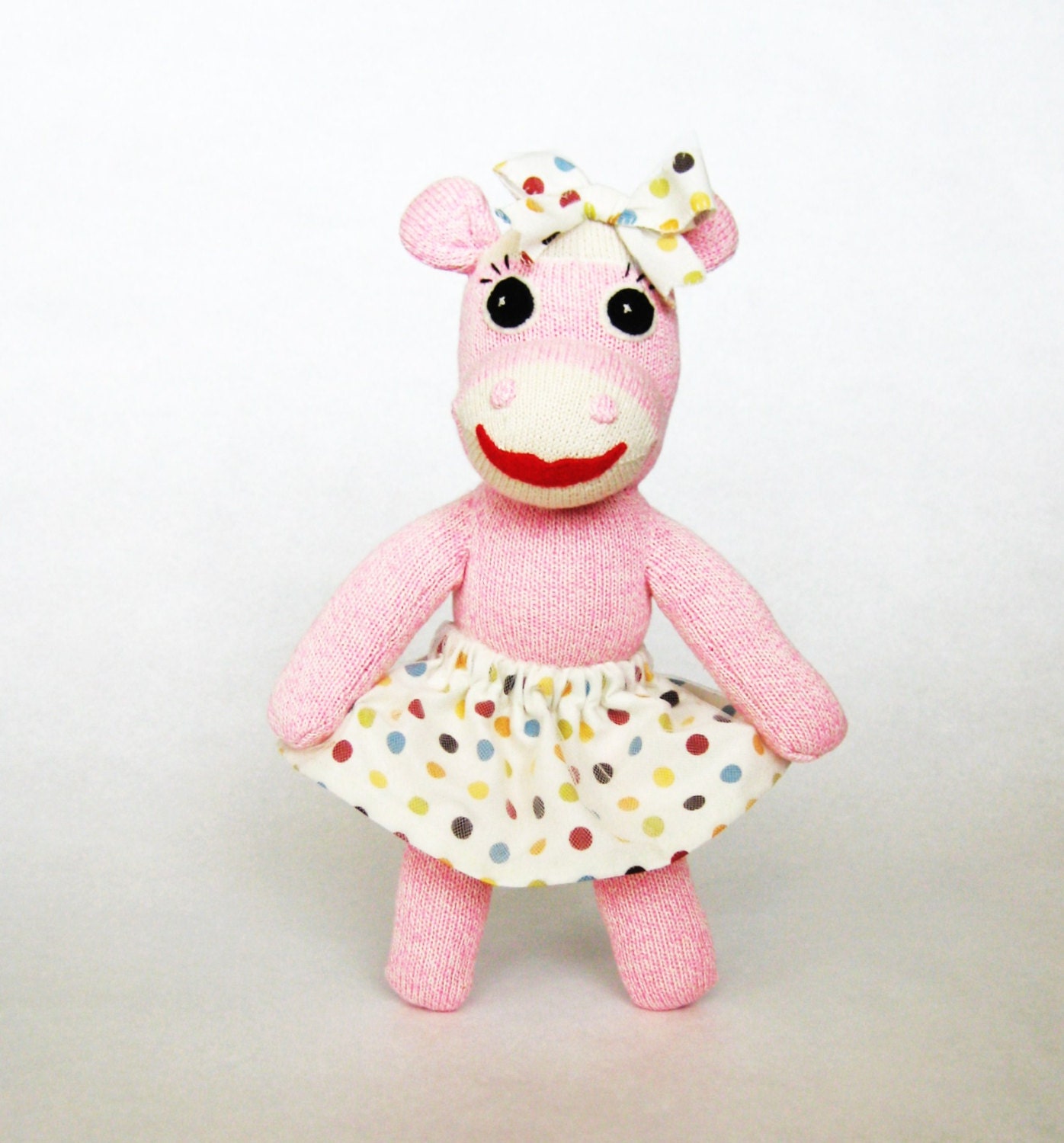 Stuffed hippo sock monkey for girl pink hippopotamus toy plushie in polka dot cotton skirt with detachable bow pin children baby shower gift