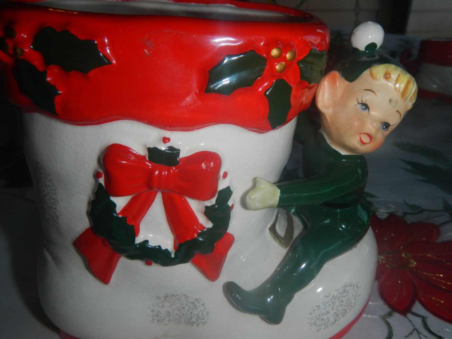 Lefton Santa Boot with Elf Pixie Holly Berries Planter Candy Holder Japan 1950s Christmas St. Patricks Day Decoration Present