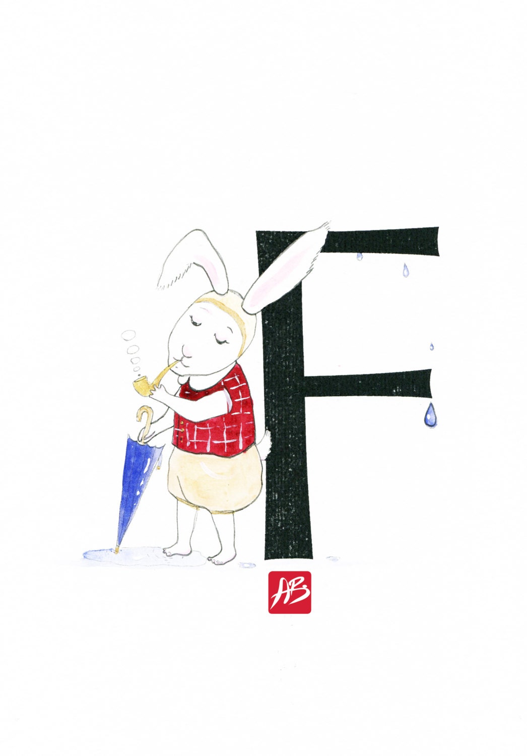 Frank the Rabbit - Original ink drawing coloured with watercolors - Nice rabbit smoking a pipe - Letter "F"
