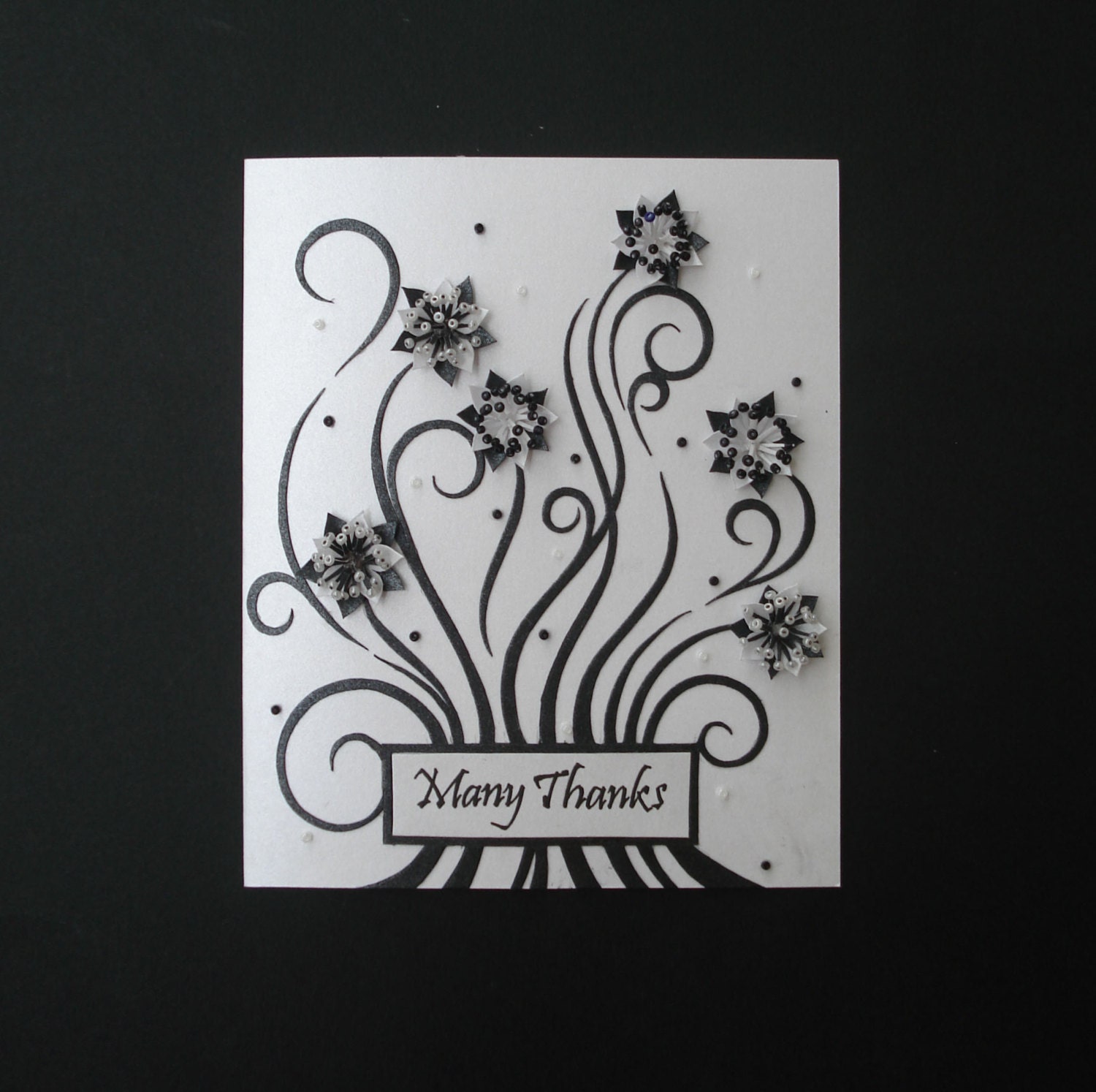 Many Thanks - unique, handmade greeting card with 3D paper flowers and beads in black and white