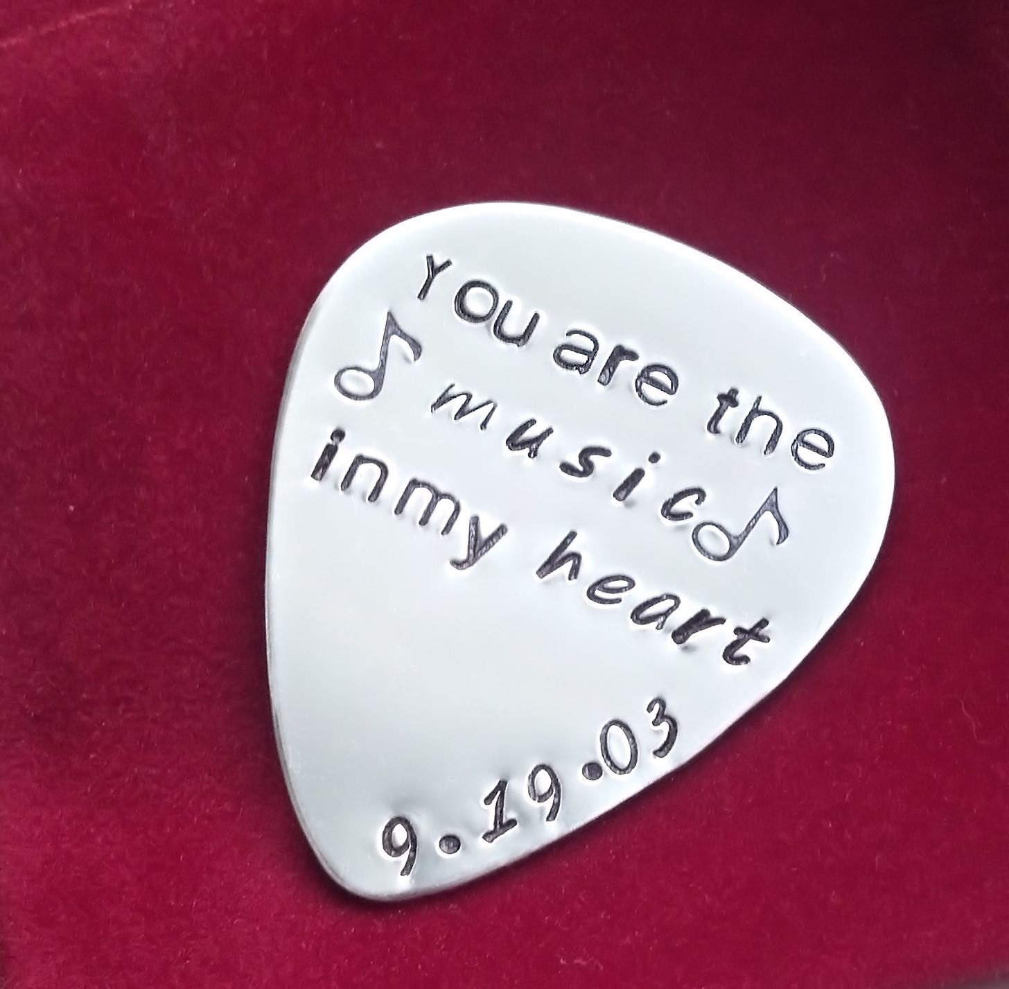 Fathers Day Music In My Heart Personalized Guitar Pick Hand Stamped Sterling Silver Gift For Him Anniversary Birthday