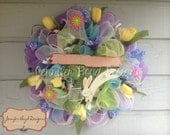 Sale - Colorful Spring Deco Mesh 'WelcomeSpring'  Wreath full of ribbons, tulips and flowers