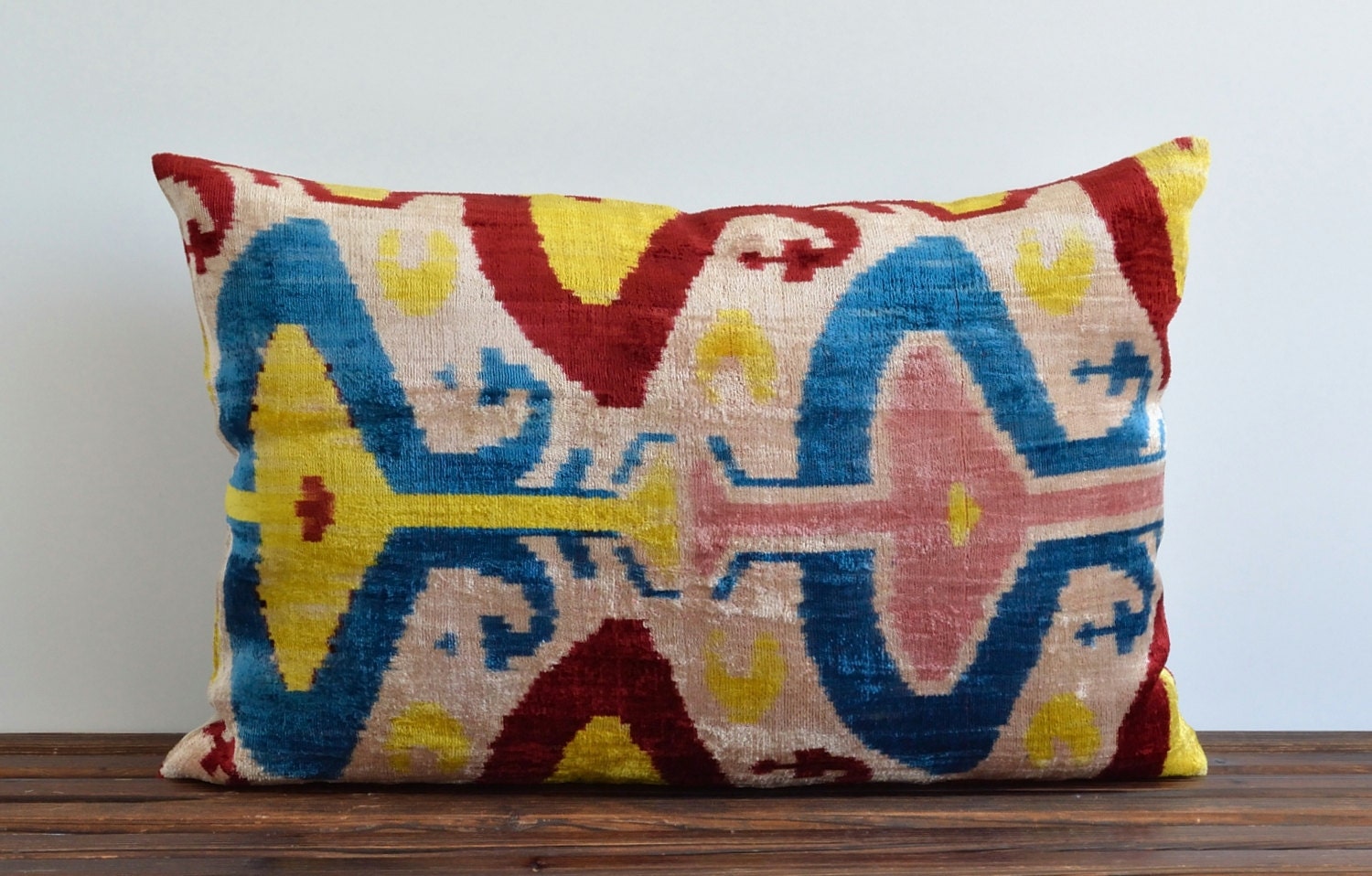Velvet Ikat Pillow - 16x24 Uzbek Handwoven Decorative Lumbar Throw Colorful Pink Navy Red Yellow Ikat Pillow Cushion Cover - Accent Pillow