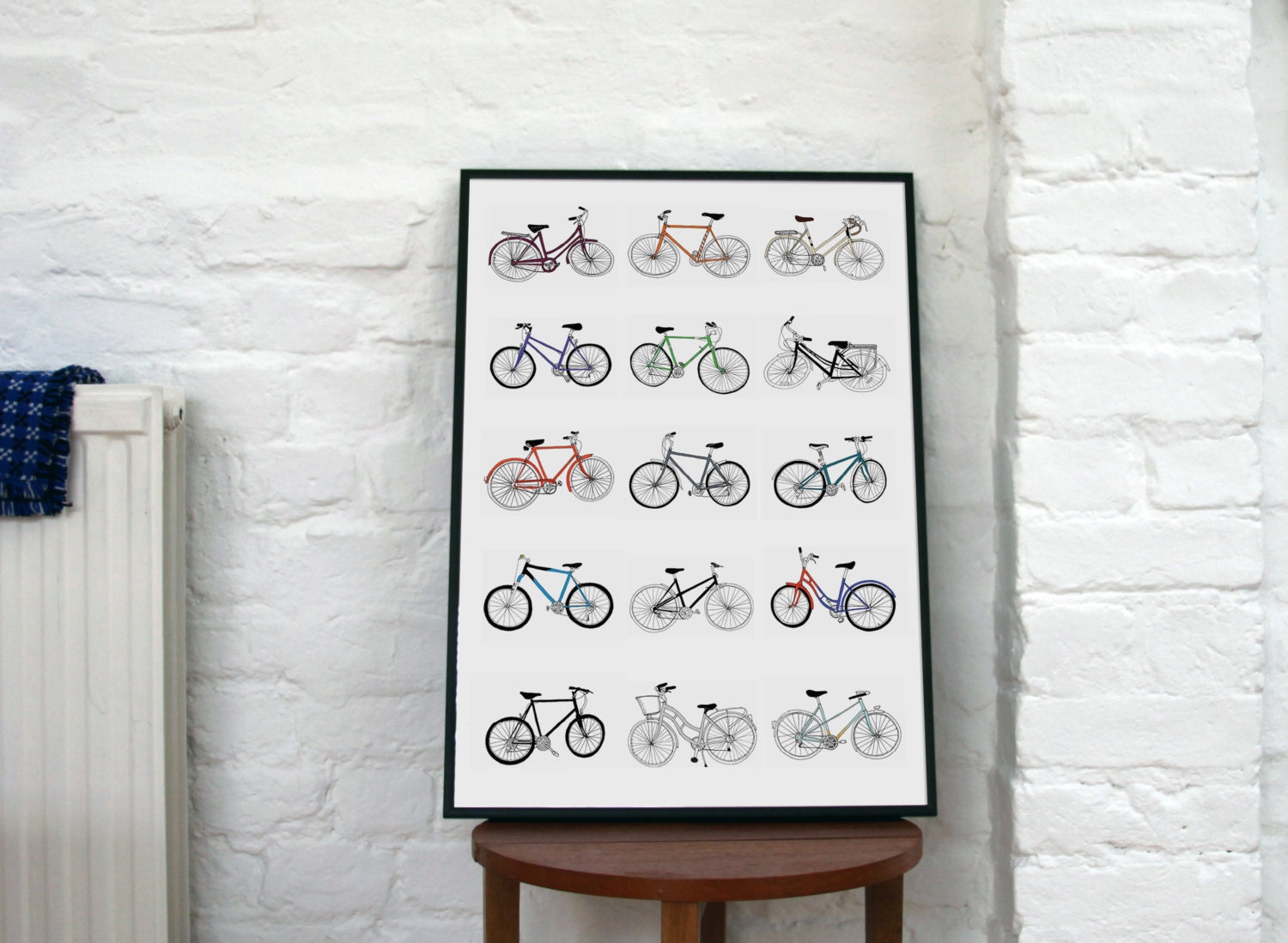 All My Bikes: A3 bicycle poster digital print and hand crafted watercolour in two variations