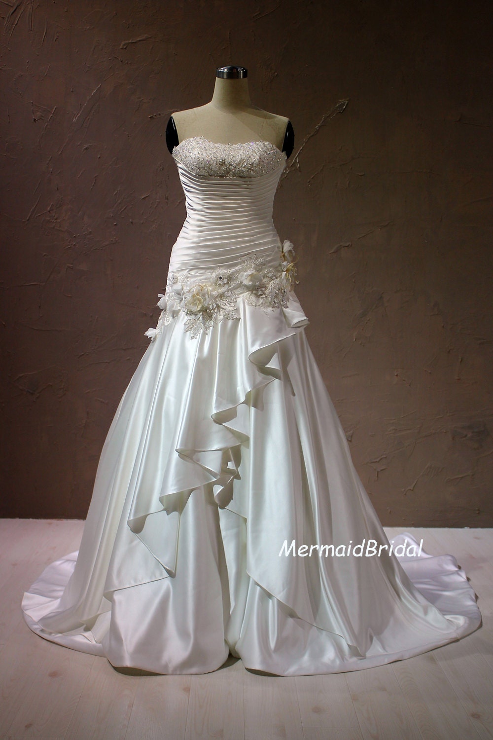 Silk like satin A line wedding dress, Formal wedding gown with elegant pleats and handmade flowers