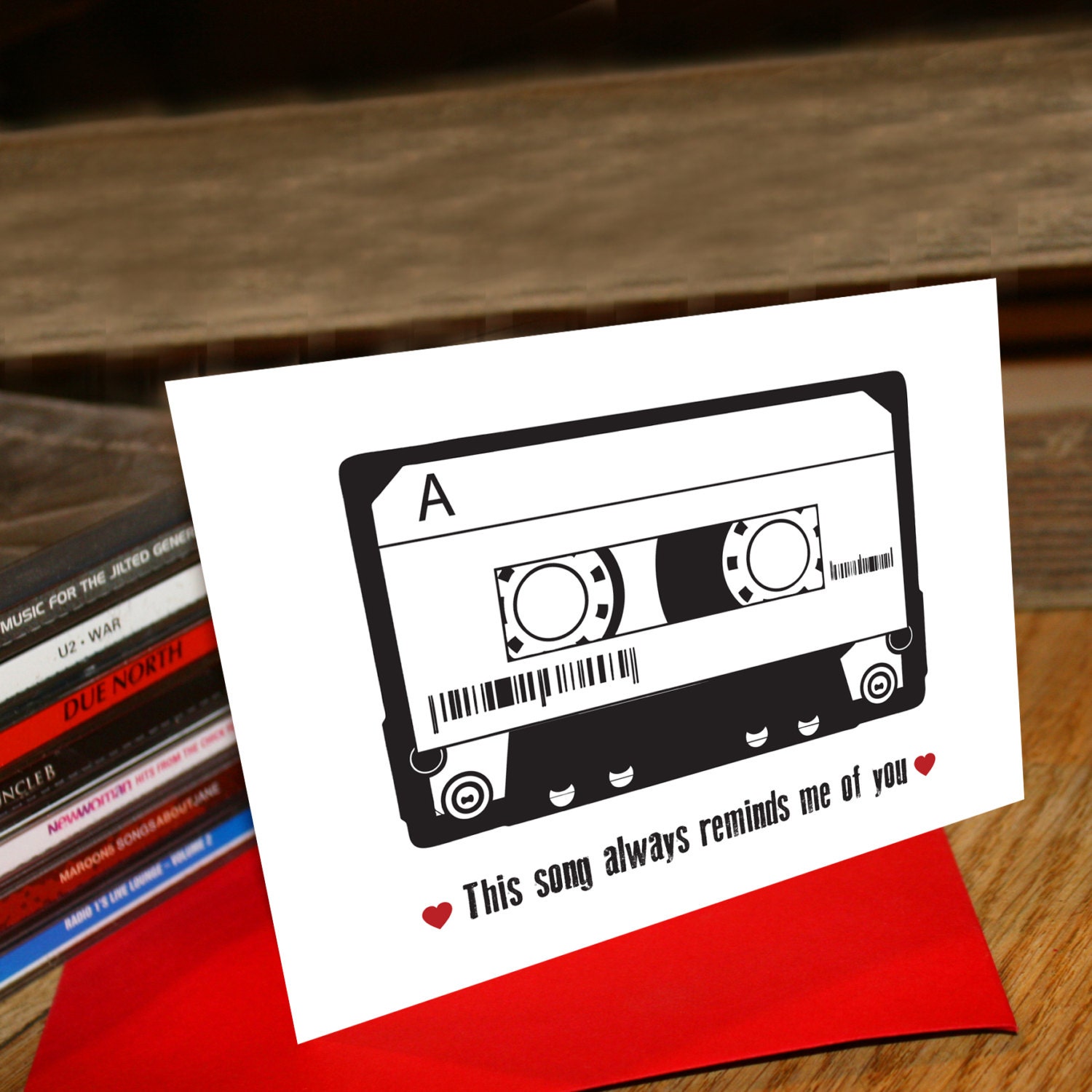 Quirky Valentines Card, 'Music Lovers', A6 size, modern typography, retro cassette tape design
