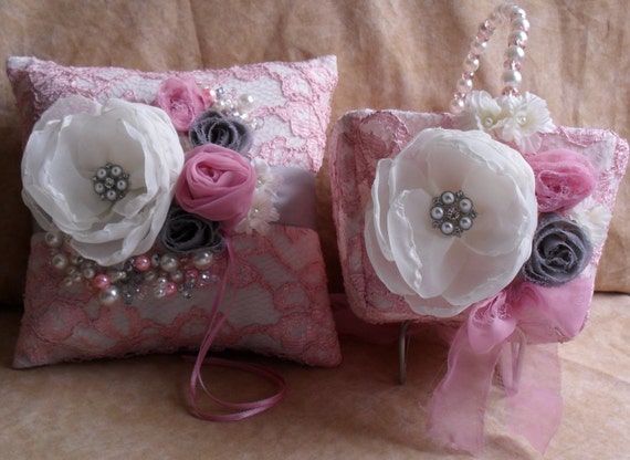 Rose Pink Gray and Ivory Ring Pillow and Flower Basket Set with Flowers and Bead Work