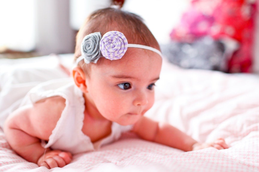 Stylish baby headband - grey felt rosette & purple / grey stripe jersey rosette