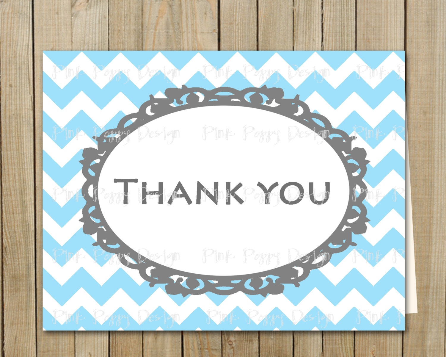 Trendy Blue with Gray Chevron Thank You Card, Birthday, Shower, Graduation, Every Day, Custom Digital File, Printable