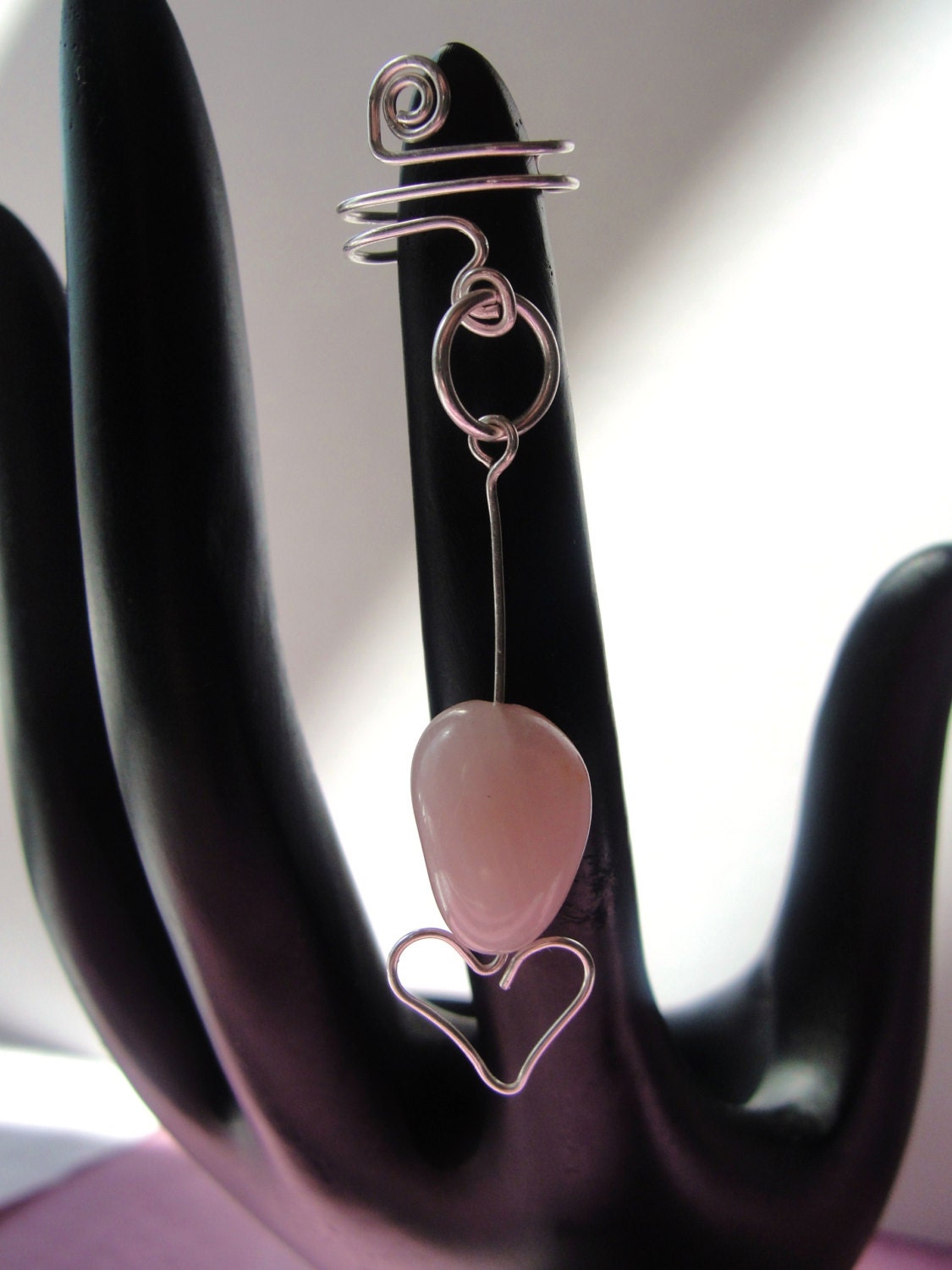 Rose Pink Quartz Sterling Silver Ear Cuff Blush Ear Vine Dangle Quartz Heart Handmade Hand Wrapped Artisan Ear Jewelry