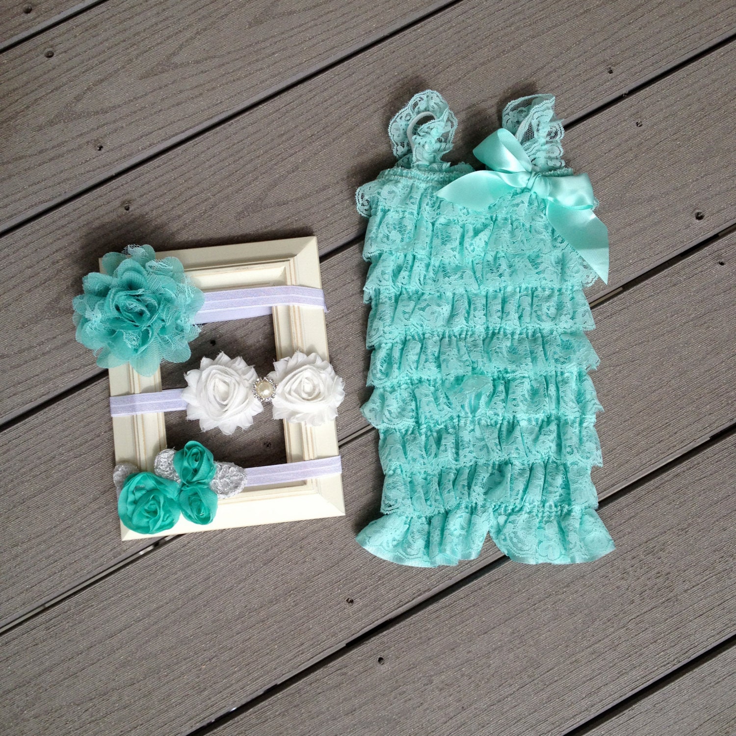 Aqua Tiffany Blue Silk Lace Ruffle Romper with headband of your choice, Photo Prop, Newborn, Baby Romper, Baby Headband, Shabby Chic
