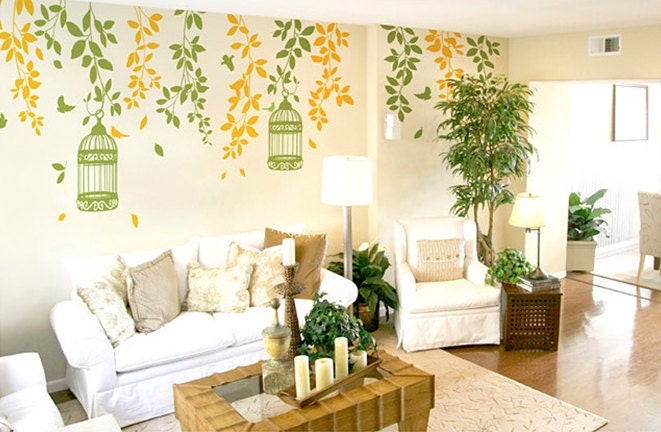 Birds Cage Branch Leaves Medium Size Natural Color sets DIY Modern Wall Art Vinyl Decals Stickers for home office decor words db-2