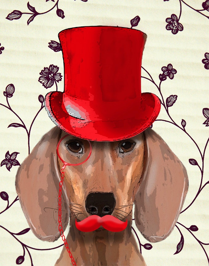 Dachshund Red Top Hat 14x11 Art Print Digital Print Acrylic Art Illustration Original Painting wall art wall décor wall hanging