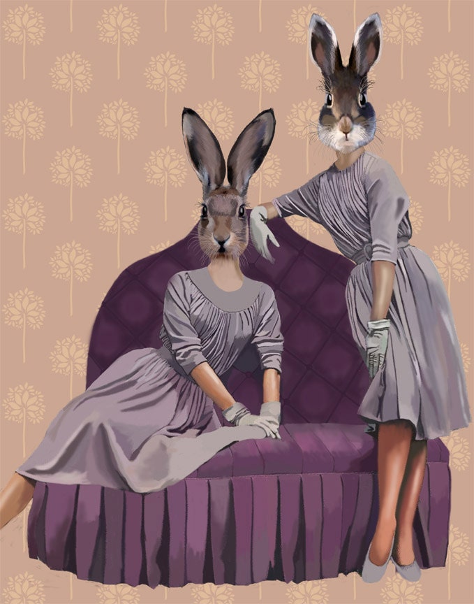 Purple Rabbits 14x11 Art Print Digital Art Illustration Mixed Media Original Print Wall Decor Wall hanging home decor Animal Painting