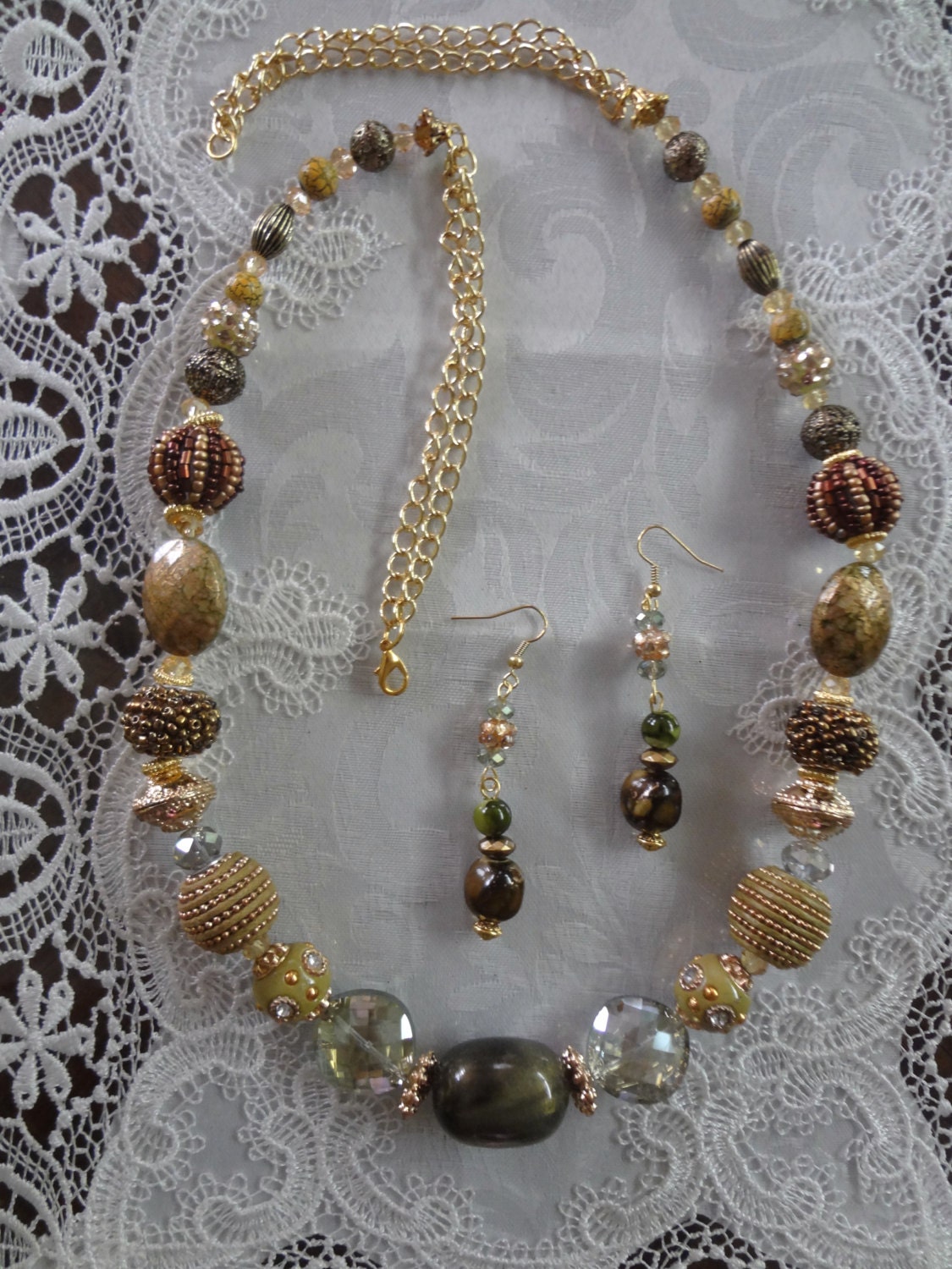 Handmade Statement necklace with dangle earrings, green,brown,beige  necklace, crystal beaded necklace, beaded necklace, art bead necklace