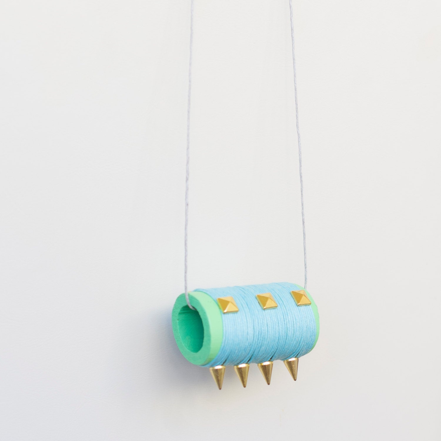 Pastel Blue Green Necklace / Golden Spikes Studs Necklace / Wood Bamboo Necklace
