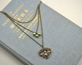 Drapped Antique Brass Finish and Spring Green Czech Glass Pearl Necklace with Wasp Pendant