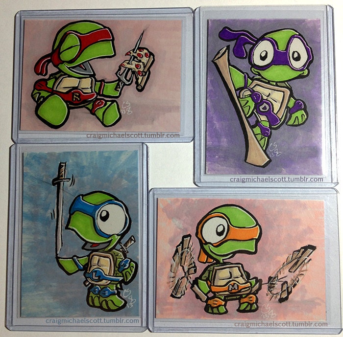TMNT inspired 4 CARD SET - Sketch Card - 2.5 x 3.5 - Print - Marker