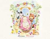An original BABY portrait with animals, baby portrait,  watercolor illustration, custom portrait, hand drawn illustration.