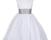 White satin silver grey sash flower girl dress with tulle skirt gown