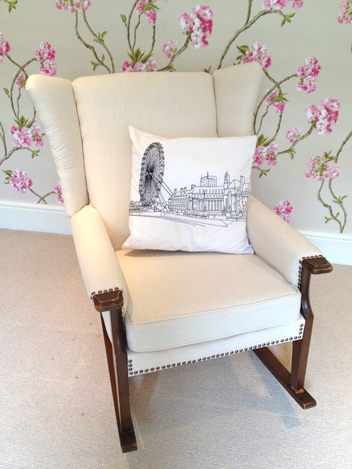 Vintage reupholstered in Laura Ashley linen wingback rocking chair