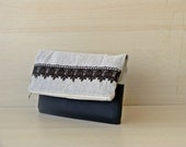 Linen and leather foldover clutch, vegan lace clutch, linen and brown lace clutch bag