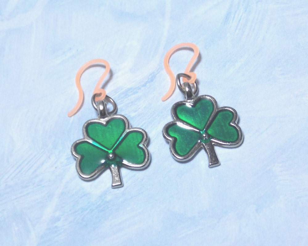 Clover Earrings For St Patrick's Day, Plastic Ear Hooks, Green, Silver & Orange plastic earrings, Nylon French Hooks, metal allergies