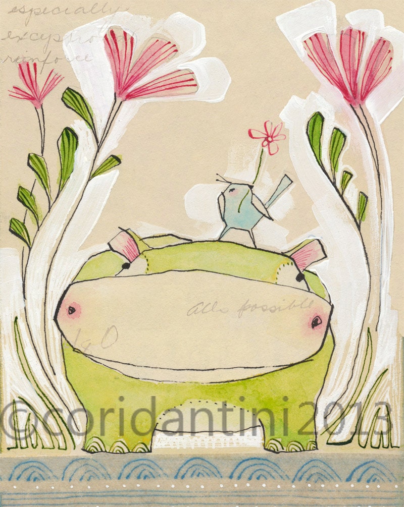 green hippopotamus painting - 8 x 10 - archival and limited edition print by cori dantini